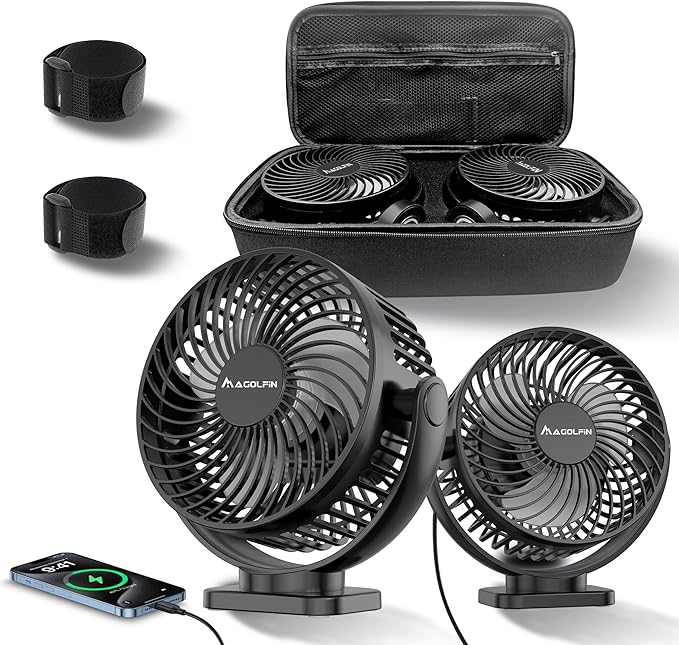 [Upgraded 2X Magnet] 2-Pack Magnetic Golf Cart Fan Rechargeable with Carrying Case, 12000mAh Battery Operated Portable Fan with Magnetic Base, Suitable for EZGO Club Car Yamaha, Golf Cart Accessories