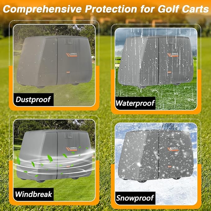 EVRBUL Golf Cart Cover 4/4+2 Passenger Heavy Duty 420D Waterproof Golf Cart Covers with Three Zipper Doors Compatible with EZGO, Club Car, Yamaha Golf Carts, Windproof Sunproof Golf Carts Cover (Gray)