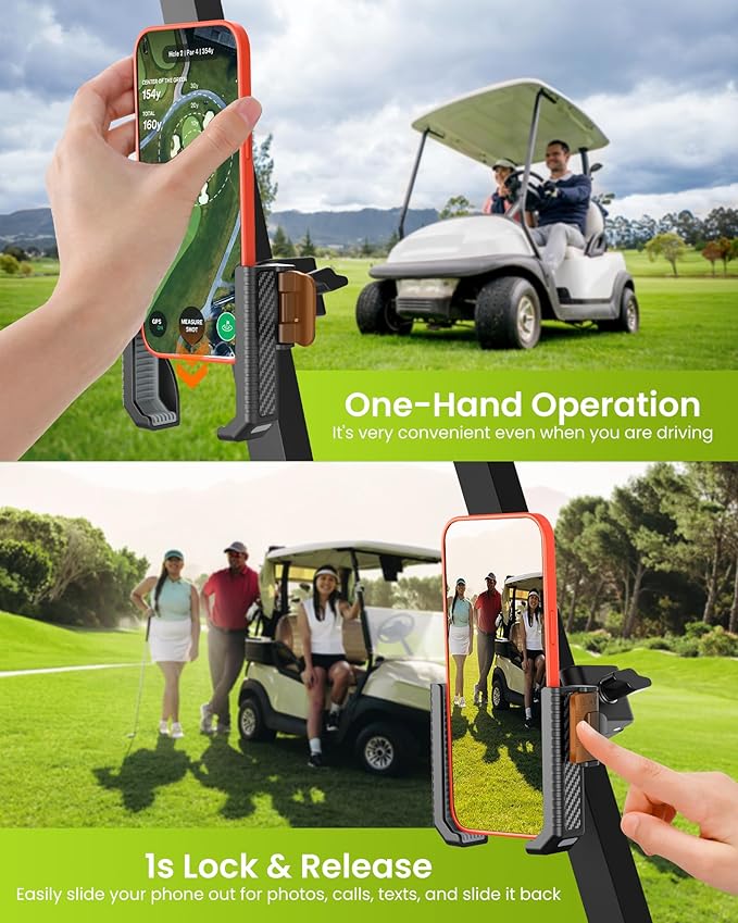 Golf Cart Phone Holder Mount - 3s Phone Clip Install, 1s Lock & Release，Phone Caddy for iPhone Galaxy & More Fits Yamaha Club Car EZGO Icon, Golf Cart Accessories Essentials Gift for Men Women
