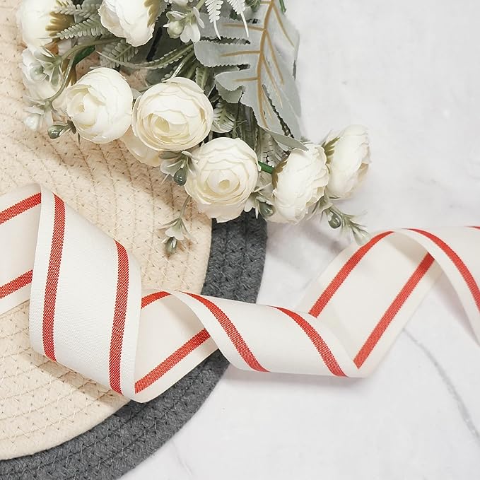 CT CRAFT LLC Ivory Cotton Red Stripes Ribbon 1.5" x 10 Yards - Image 7