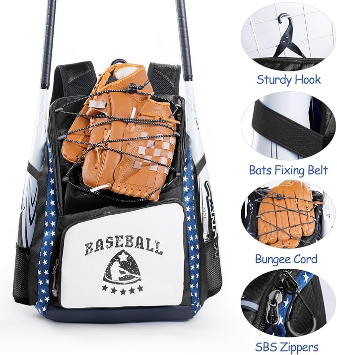 Baseball Bag for Youth & Adult with 4 Bat Sleeves - Softball Bat Bag with Shoe Compartment - Baseball Backpack for T-Ball, Softball Equipment, Baseball Gear, Baseball Bags for Boys 8-12