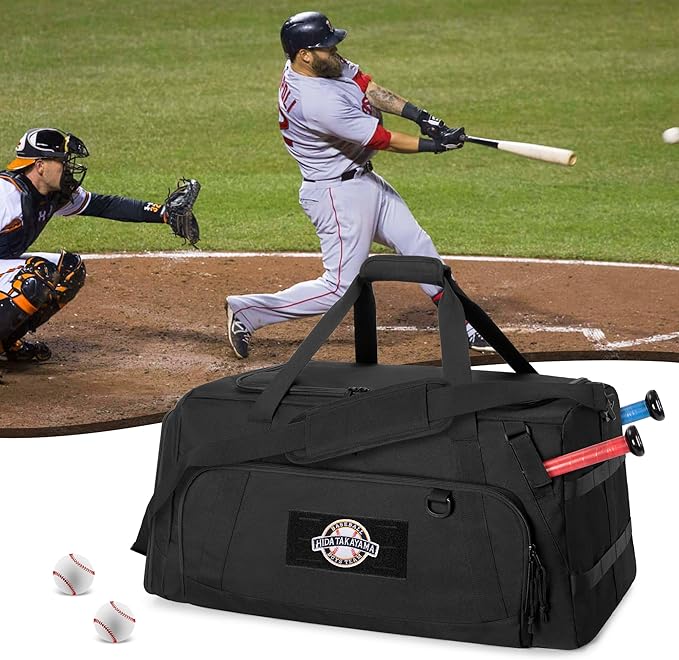 GOBUROS Tactical Baseball Duffle Bag with 2 Bat Holder, Catchers Gear Bag for Softball Equipment, Travel Baseball Bags with Shoe Compartment for Gym Sports