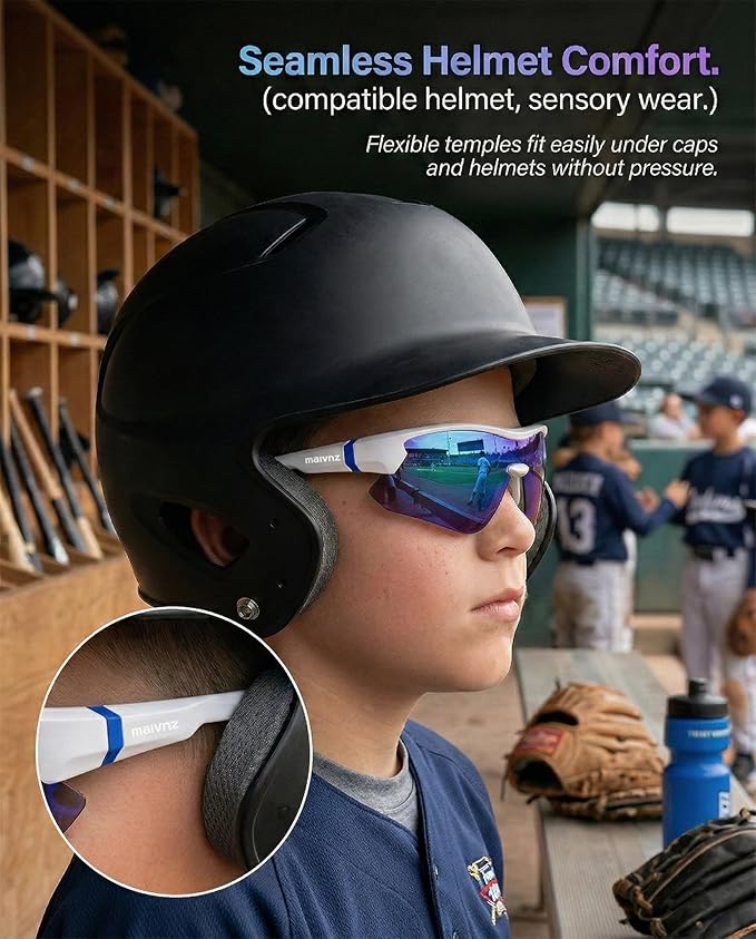maivnz Youth Baseball Sunglasses for Boys and Girls Ages 6-12, Kids Sports Glasses for Softball Cycling, Helmet Compatible