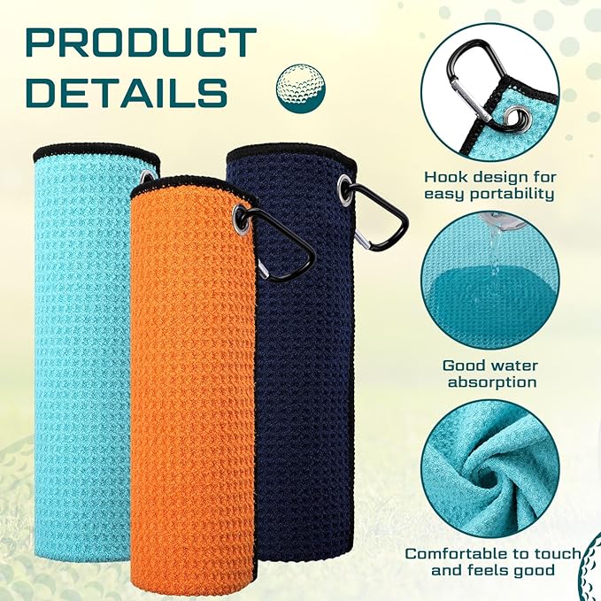 Batiyeer Golf Towel Bulk for Golf Bags 16'' x 16'' Microfiber Fabric Towel with Clip Waffle Pattern, Fitness, Camping, Hiking, Yoga