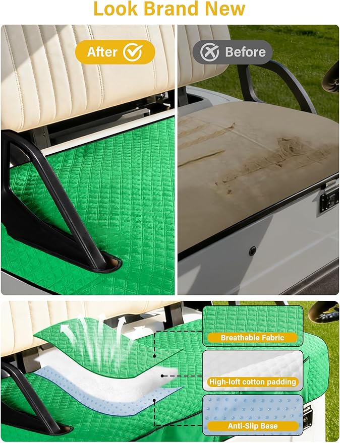 Golf Cart Seat Covers,Golf Cart Seat Towel Blanket with 4 Front Pockets & Nonskid Bottom Fits for EZGO TXT, RXV and More 2 Person Seats Golf Carts (Christmas Green, Ezgo TXT, RXV)