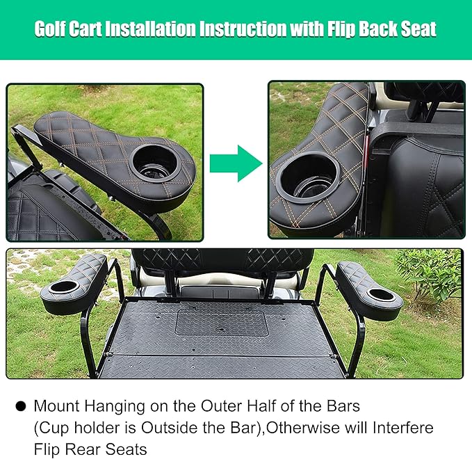 NOKINS Golf Cart Armrest with Cup Holder for EZGO/Club Car/Yamaha & Most Golf Cart,Stainless Steel Support Frame Sturdy Without Tilting No Drilling,Fit 1" Square Tube Frame (Diamond Black)
