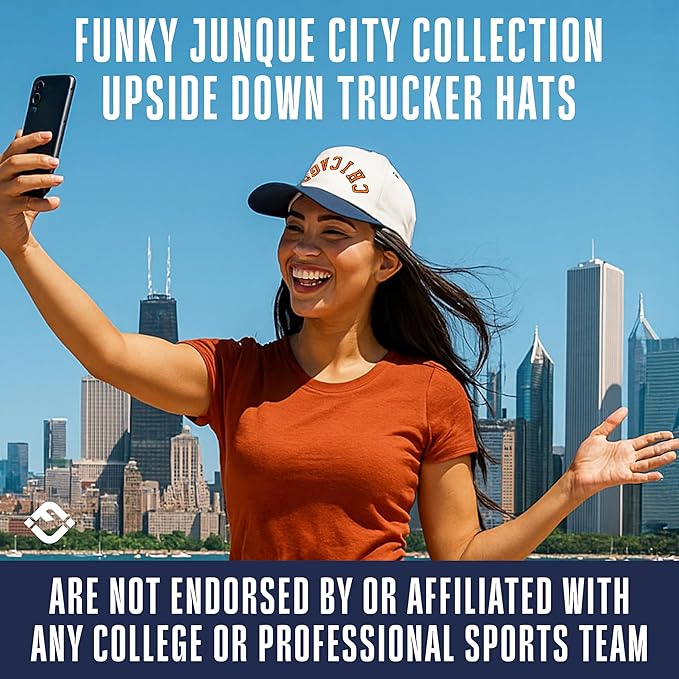 Funky Junque Upside Down City Trucker Hat for Men and Women – Unisex 3D Embroidered Gameday Baseball Cap, Retro Snapback Hats