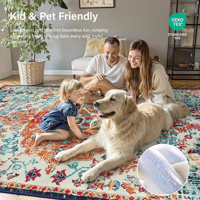 Lahome Washable Round Rugs 5'3"ft, Bohemian Orange Circle Rugs - Image 5