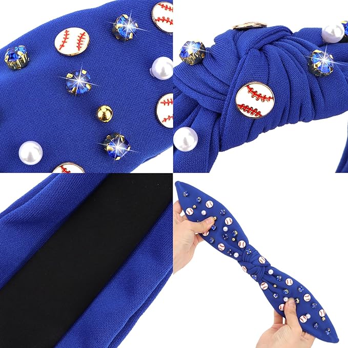 Baseball Headbands for Women Crystal Baseball Embellished Wide Top Knot Headband for Women Game Day Hair Accessories (Navy Blue)