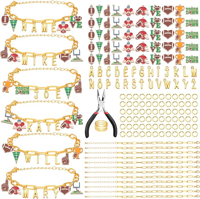 Kigeli 394 Pcs Sports Bracelets for Women DIY Game Bracelets kit Softball Baseball Football Jewelry Crafts Adjustable Gold Letter Charms Keychain for Team Sport Lovers Gifts