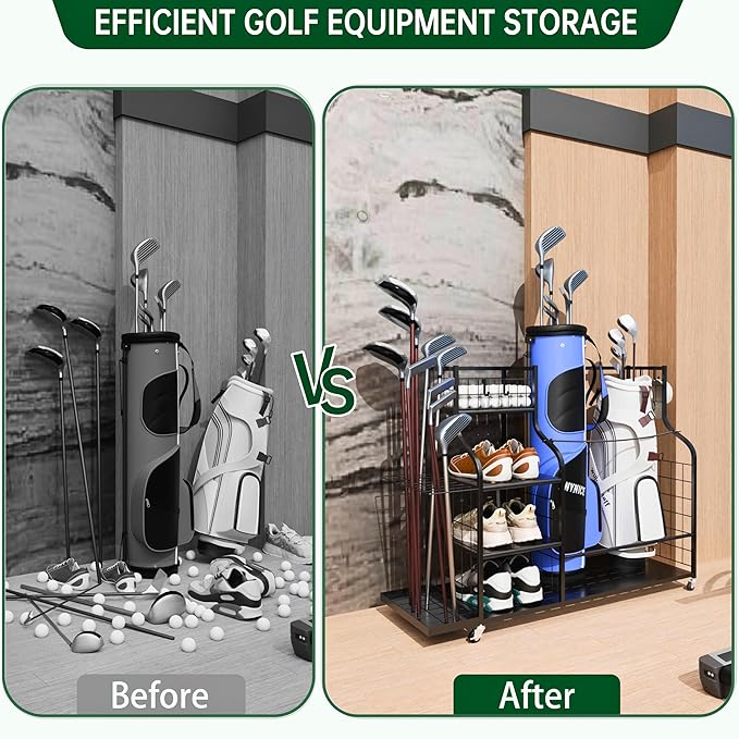 Golf Bag Storage Organizer with Wheels, Garage Golf Equipment Rack for 2 Golf Bags, Clubs, Shoes & Accessories Heavy Duty Metal Stand for Garage, Basement, Home or Shed