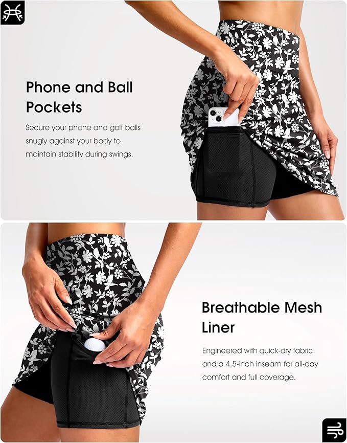 G Gradual 18" Golf Skirts for Women Zipper Pockets Mid Length Skort with Shorts Underneath High Waist Tennis Pickleball