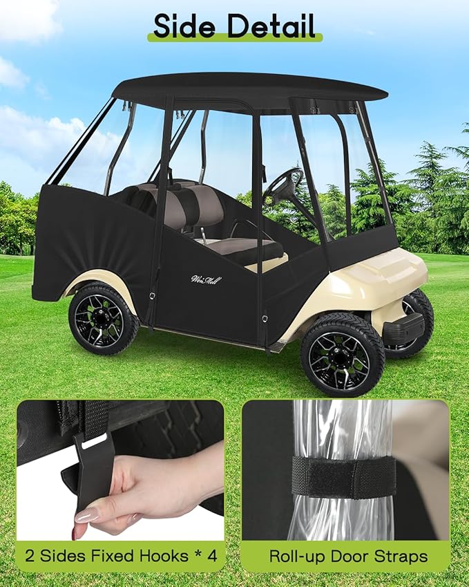Golf Cart Enclosure 4 Passenger for Club Car DS 4-Seater 2+2 58" Short Roof Waterproof Windproof Driving Rain Cover with 4-Sided Clear Windows Mirror Zipper Roll-up Door Black