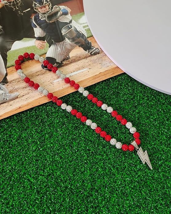 Baseball Necklace for Men 16/18/20 Inch Bling Ice Collection Lightning Bolt Pendant Necklace for Women Rhinestone Clay Beaded Discoball Accessories Gifts for Baseball Team Players Lovers
