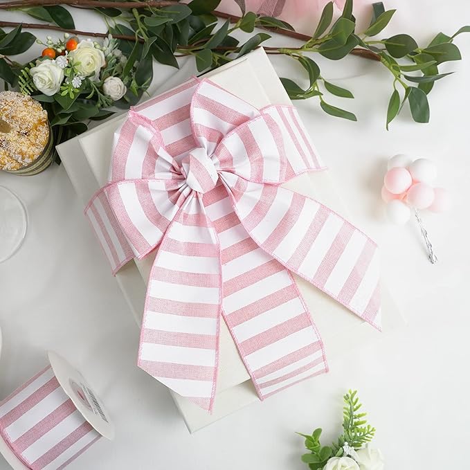 MEEDEE Pink Striped Burlap Ribbon - Image 4
