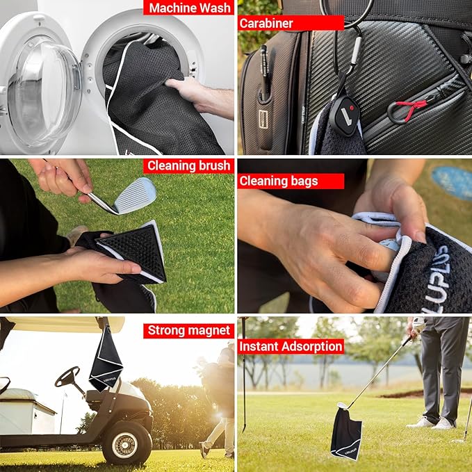 4-in-1 Magnetic Golf Towel with Brush & Cleaning Pocket - Premium Construction Golf Towel- Super Strong Golf Club Cleaner- Microfiber Waffle Design-15.7" X 23.6" Golf Accessories and Gifts for Men