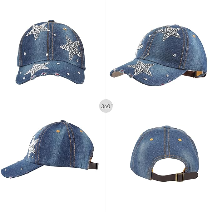 Hoce Fashion Rhinestone Denim Baseball Cap Studded Bling Hat for Women
