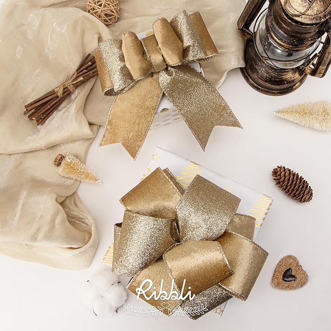 Ribbli Champagne Gold Velvet Wired Ribbon 2.5 Inch Khaki Velvet - Image 2