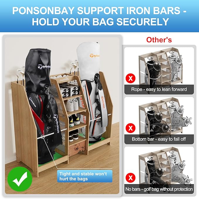 Golf Bag Storage Organizer for Garage, Premium Wooden 2 Golf Bags Rack with Drawer, Easy Assemble Golf Club Stand/Holder Suitable for Garage Home Simulator and Office