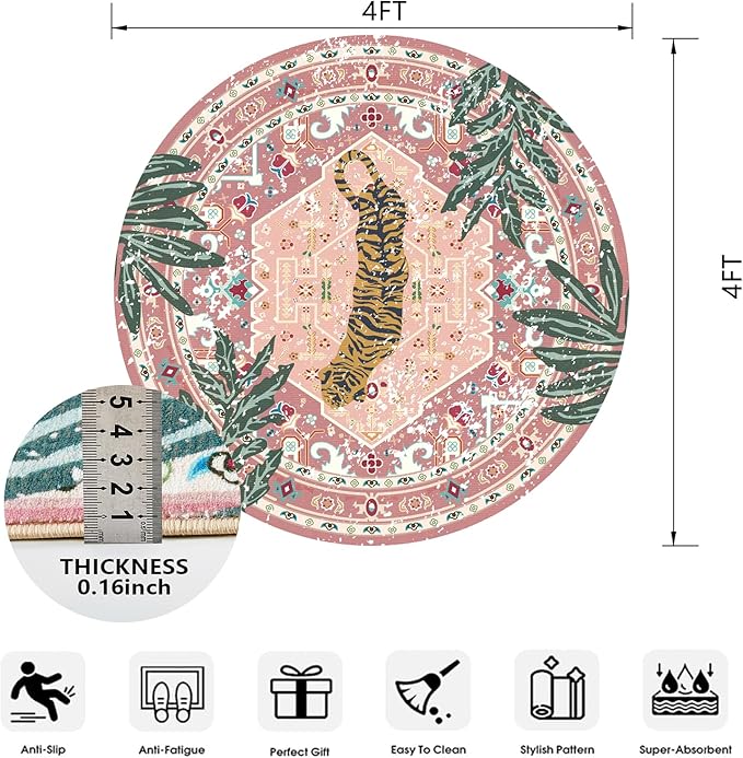 Washable Pink Rugs Thin Oriental Boho Vintage Cute Tropical Leopard 4ft Round - Image 2