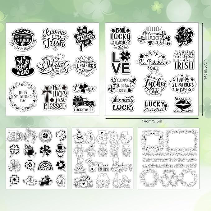 Whaline 5 Sheet St. Patrick's Day Clear Stamps Wreath Shamrock Lucky Words - Image 2