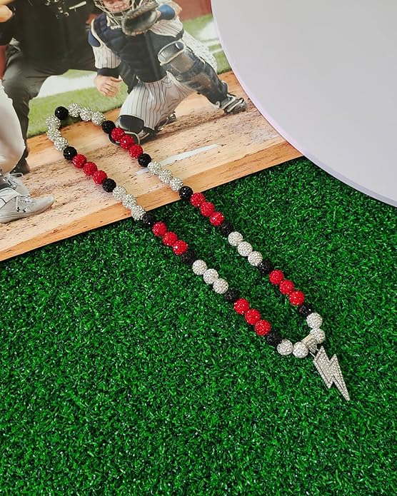 Baseball Necklace for Men 16/18/20 Inch Bling Ice Collection Lightning Bolt Pendant Necklace for Women Rhinestone Clay Beaded Discoball Accessories Gifts for Baseball Team Players Lovers