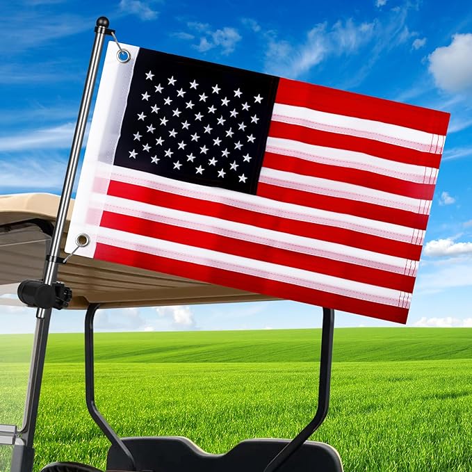 Golf Cart Adjustable Flag Holder, Universal Flagpole for EZGO Club Car Yamaha, Flag Bracket for 0.59-1.18" Round/Oval Square Rails Push Cart, UTV, ATV, Included USA Flags (12"×18")