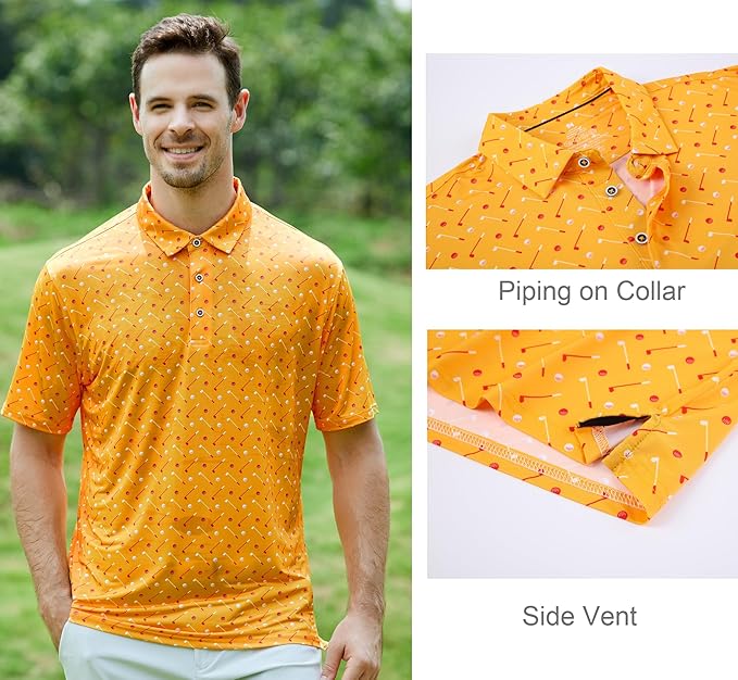 Alex Vando Mens Golf Shirt Moisture Wicking Quick-Dry Print Performance Polo Shirts for Men