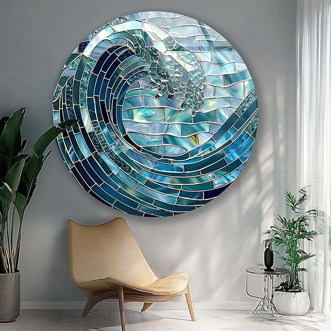 My Photostation.com 20'' Diameter Ocean Wave in Blue Mosaic Round Glass Wall - Image 2