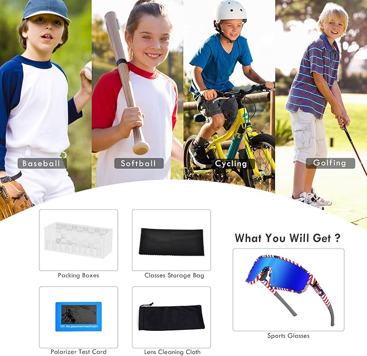 MVPTGRS Youth Baseball Sunglasses for Boys Girls Age 8-14 TR90 Frame Kids Sport Sunglasses for Softball Cycling Baseball Golf