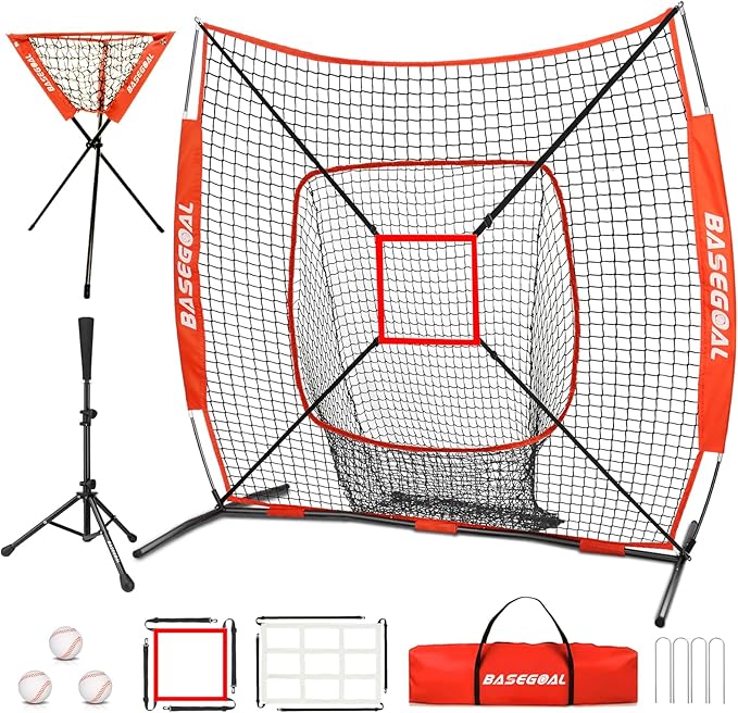 BaseGoal 6'×6' Baseball Softball Practice Net,Baseball Backstop,with Batting Tee,Ball Caddy,for Hitting Pitching Batting Catching with Bow Frame,Bonus Strike Zone,Target,Portable and Foldable