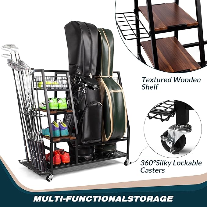 Sttoraboks Golf Bags Storage Garage Organizer, Golf Bag Rack Fits 2/3 Golf Bags and Golf Equipment Accessories, Golf Club Storage Stand with Wooden Shelf and Lockable Wheels for Garage Indoor Basement