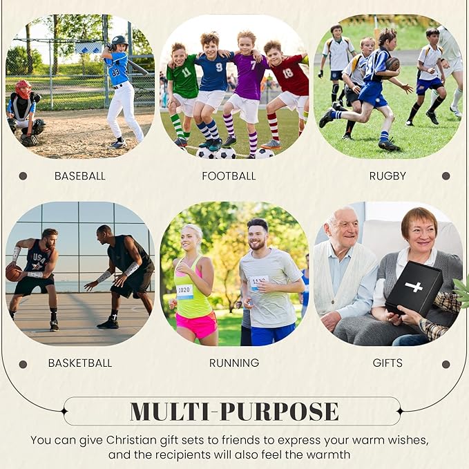TrelaCo 4 Pack Christian Sports Gift Set with Athletic Tape Sport Socks Cross Necklace Gift Boxes Religious Soccer Socks