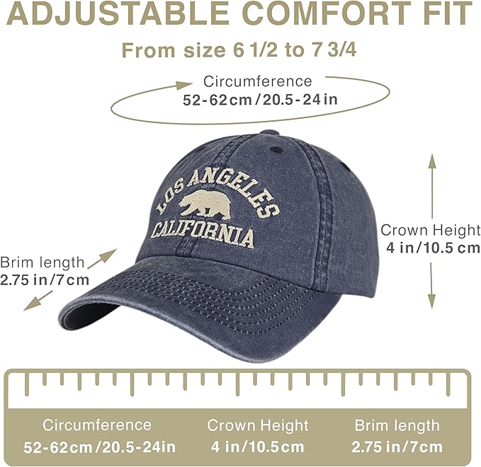 LA California Bear Embroidered Vintage Cotton Baseball Cap Adjustable Metal Buckle Unstructured Low-Profile Hat Men & Women