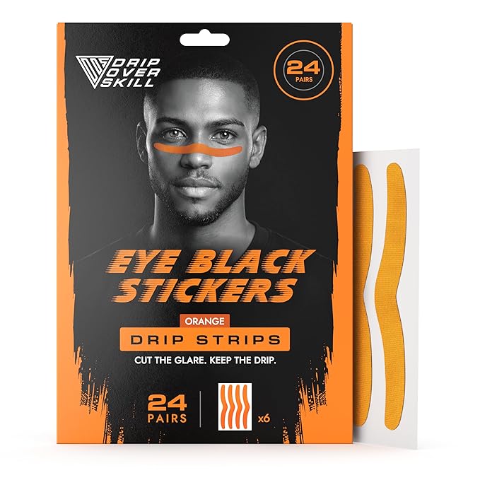 DRIP Strips Pro-Grade Eye Black Stickers, 24 Pack, Natural Flex & Stretch Eye Black Face Strips, Breathable, Sweat-Proof, Eye Black Football, Baseball, Softball, Lacrosse, Orange Blaze Grit Strip