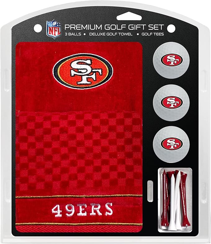 Team Golf NFL San Francisco 49ers Gift Set: Embroidered Golf Towel, 3 Golf Balls, and 14 Golf Tees 2-3/4" Regulation, Tri-Fold Towel 16" x 22" & 100% Cotton