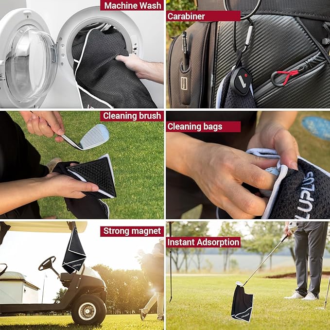 4-in-1 Magnetic Golf Towel with Golf Brush & Cleaning Pocket -3 Stage Cleaning System - Super Strong Golf Club Cleaner- Microfiber Waffle-15.7" X 23.6" Golf Accessories and Gifts for Men Women (RED)