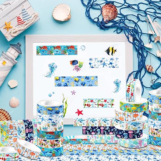 12 Rolls Blue Ocean Washi Tape, Underwater World Masking Tapes, Sea Animal - Image 4