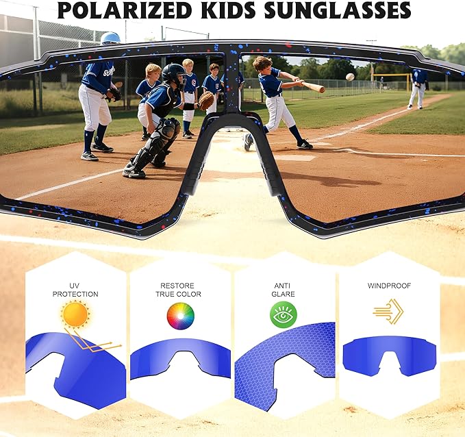 Kids Sunglasses Polarized - UV400 Protection Boys Youth Cycling Goggles Baseball Sunglasses with Glasses Strap