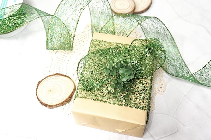 CT CRAFT LLC Sparkling Glitter Mesh Wired Ribbon 4" x 10 Yards Green - Image 5