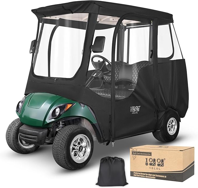 10L0L Golf Cart Driving Enclosure 2/4 Passenger for Yamaha G14 G16 G22 G29 Drive2 with Heavy Duty Zipper,600D Golf Cart Rain Cover Driving Covers with Roll-up Windshield, 4-Sided Clear Window