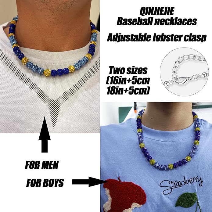 QINJIEJIE Baseball Necklace for Men Glitter Bling Rhinestone Beaded Collection Necklace for Women 16/18in Inspired Sports Jewelry Baseball Chain Cool Gifts for Baseball Players Team Lovers
