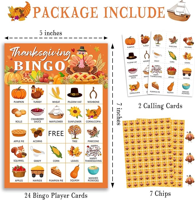 Thanksgiving Bingo Game Cards, Autumn Party Games, 24 Players Thanksgiving - Image 2