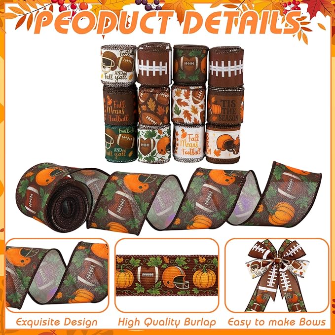 12 Rolls Fall Football Wired Edge Ribbon - Image 2