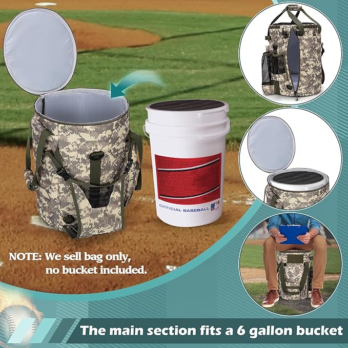Smasrob Baseball Coaches Bag Fits 6 Gallon Ball Bucket, Baseball Bucket Bag with Backpack and Shoulder Straps