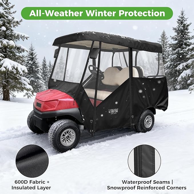 10L0L 2/4/8 Passenger Golf Cart Enclosure for Club Car Precedent/Tempo/Onward, 600D Waterproof Golf Cart Rain Cover, Driving Enclosure with 4-Sided Clear Windows Roll-up Door Black -Roof 58"-141"