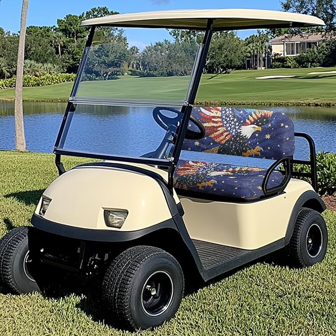 Bulopur Eagle American Flag Golf Cart Seat Covers Set for Ezgo Club Car Golf Cart Dust Covers for Bench and Backrest, Removable Golfcart Accessory