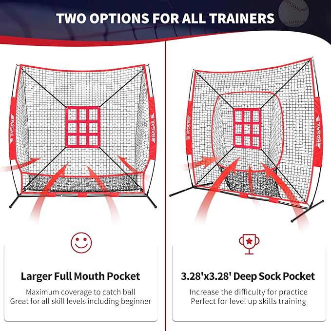 BAGAIL 7x7 ft Baseball & Softball Practice Net with Bow Frame for Batting, Hitting, Pitching, Portable Baseball Throwing Net with Strike Zone, Carry Bag, Baseball Training Aid for All Levels