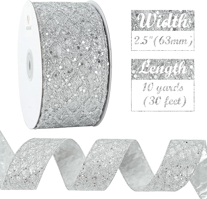 HUIHUANG Silver Glitter Wired Ribbon - Image 3
