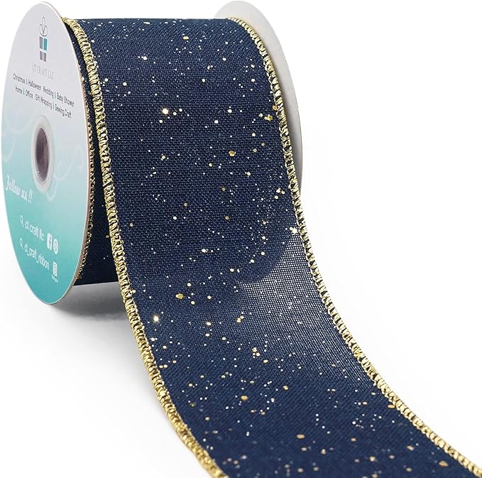 CT CRAFT LLC Blue Burlap Fabric Confetti Glitter Wired Ribbon 2.5" x 10 Yards by CTCRAFTLLC